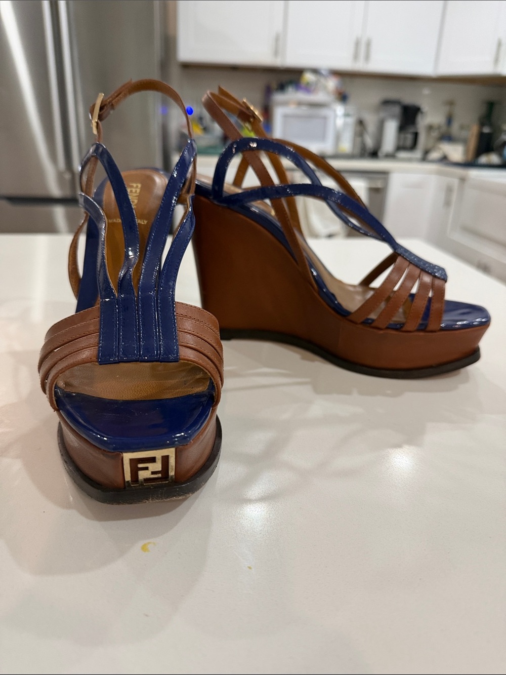 Fendi Blue and Brown Leather Wedge Sandals Vintage